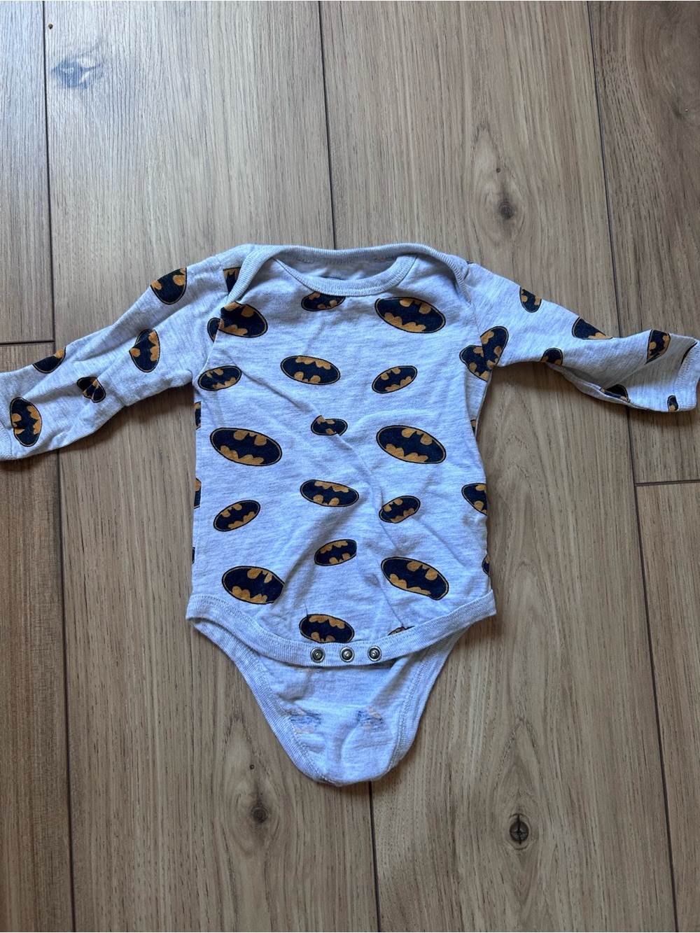 Batman Gray Long Sleeve Baby Bodysuit with Yellow & Black Logos